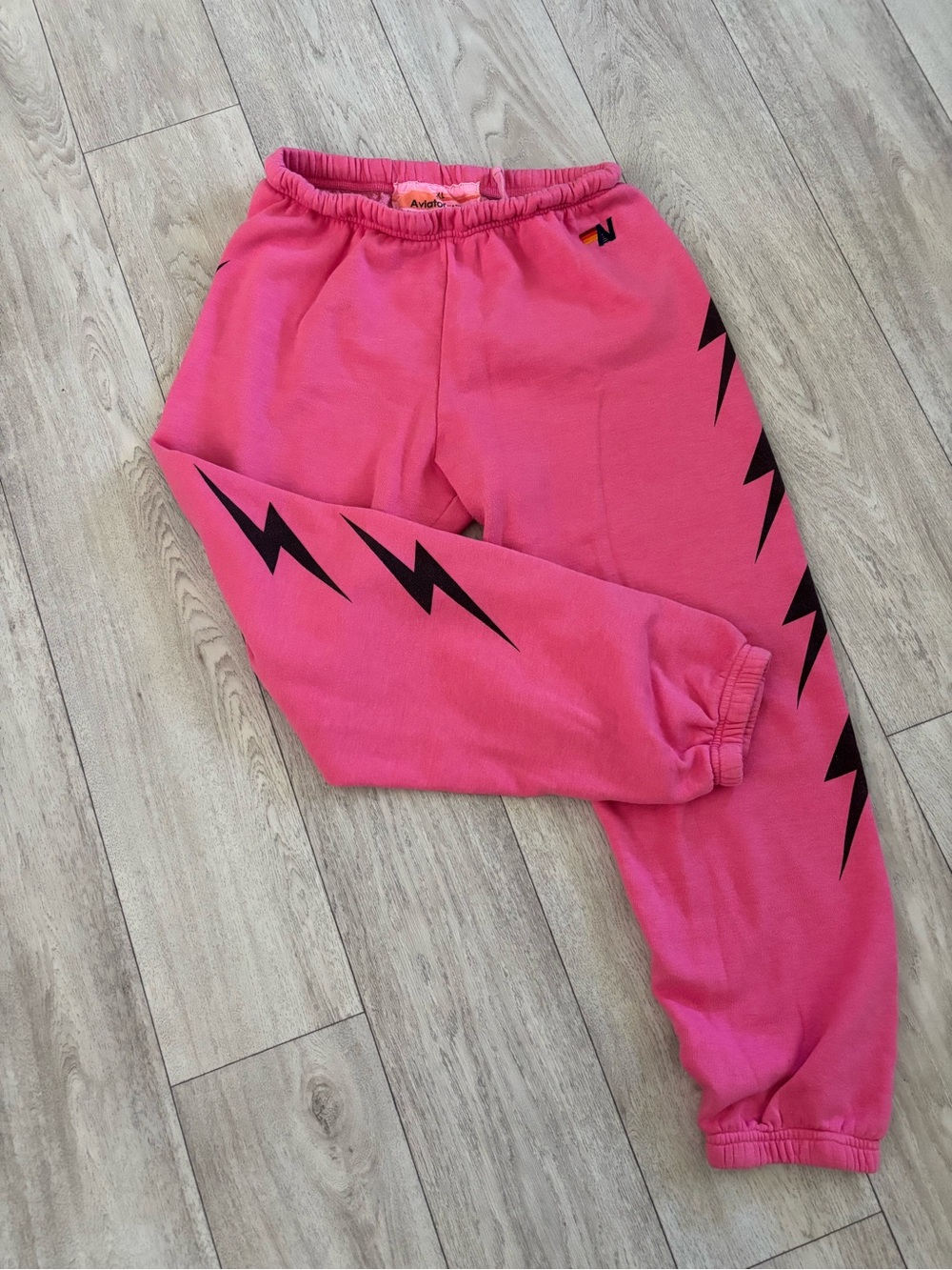 Aviator Nation Pink Sweatpants with Black Lightning Bolts